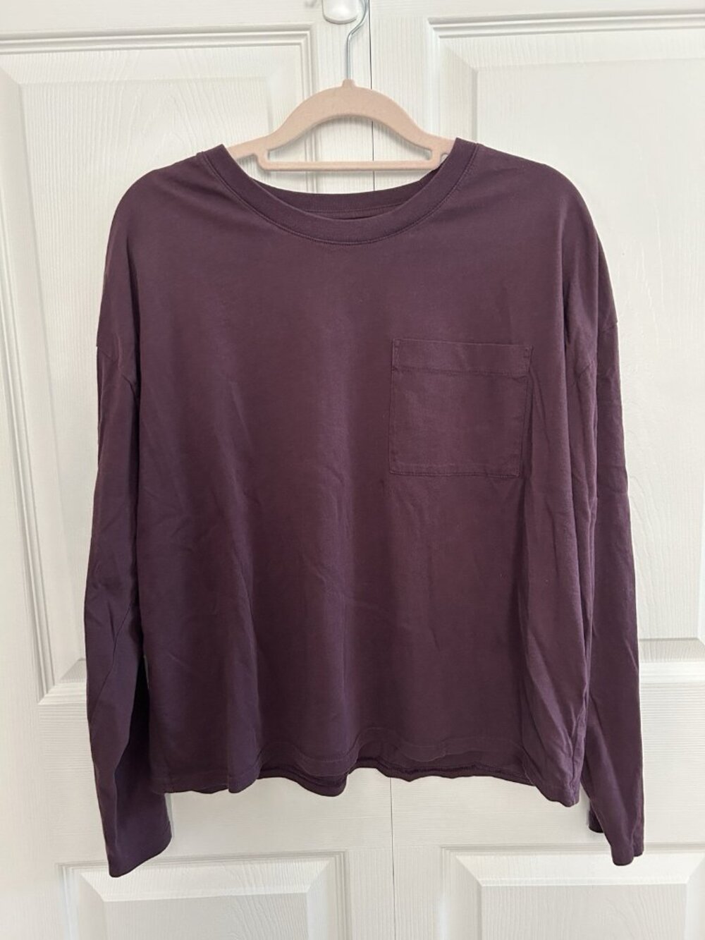 PACT Women’s Organic Cotton Long Sleeve Pocket Tee Shirt Crop Plum Purple Size L